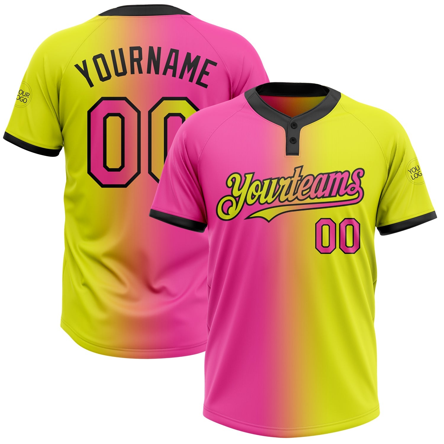 Custom Neon Yellow Pink-Black Gradient Fashion Two-Button Unisex Softball Jersey - Main View