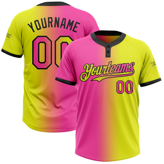 Custom Neon Yellow Pink-Black Gradient Fashion Two-Button Unisex Softball Jersey - Main View