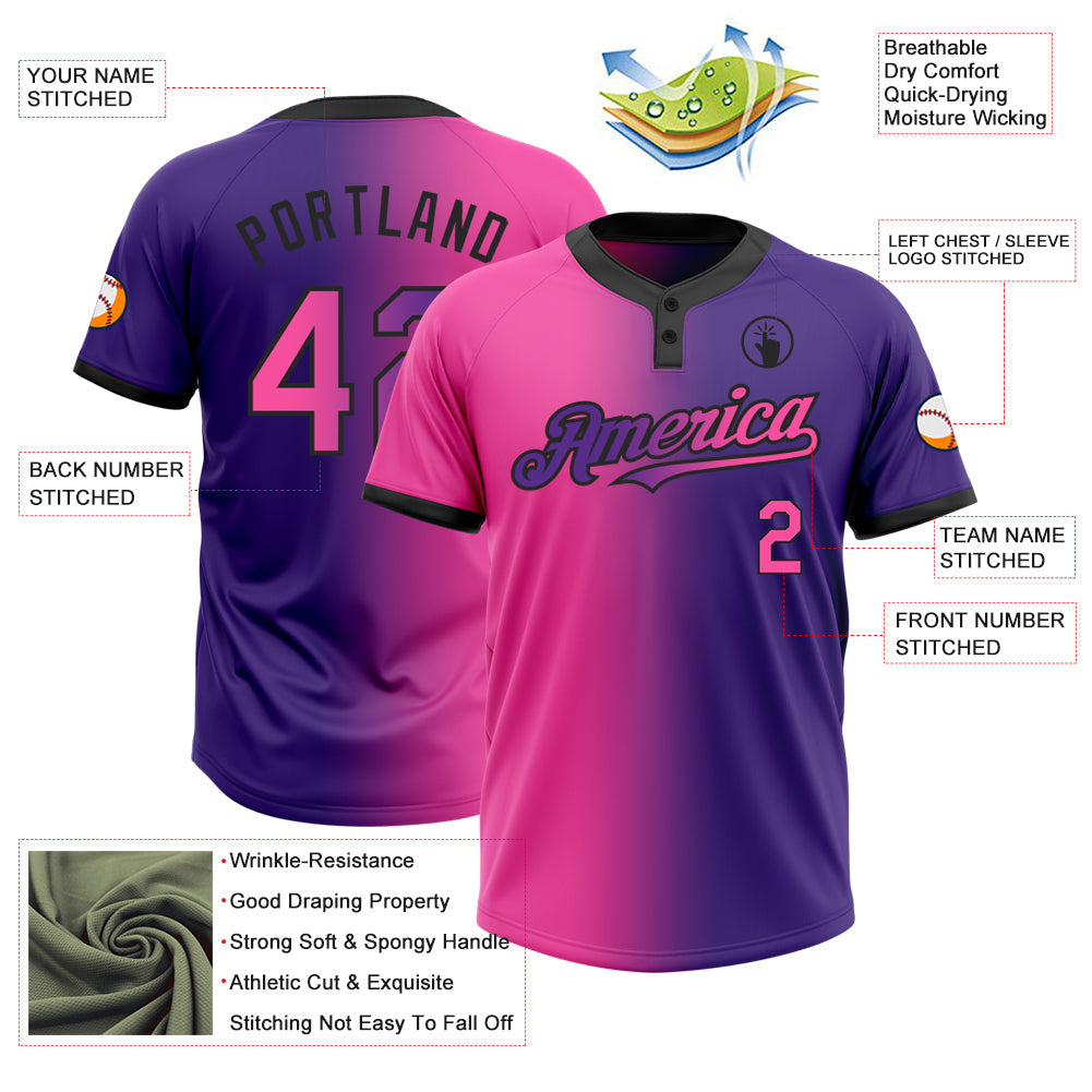 Custom Purple Pink-Black Gradient Fashion Two-Button Unisex Softball Jersey view 3