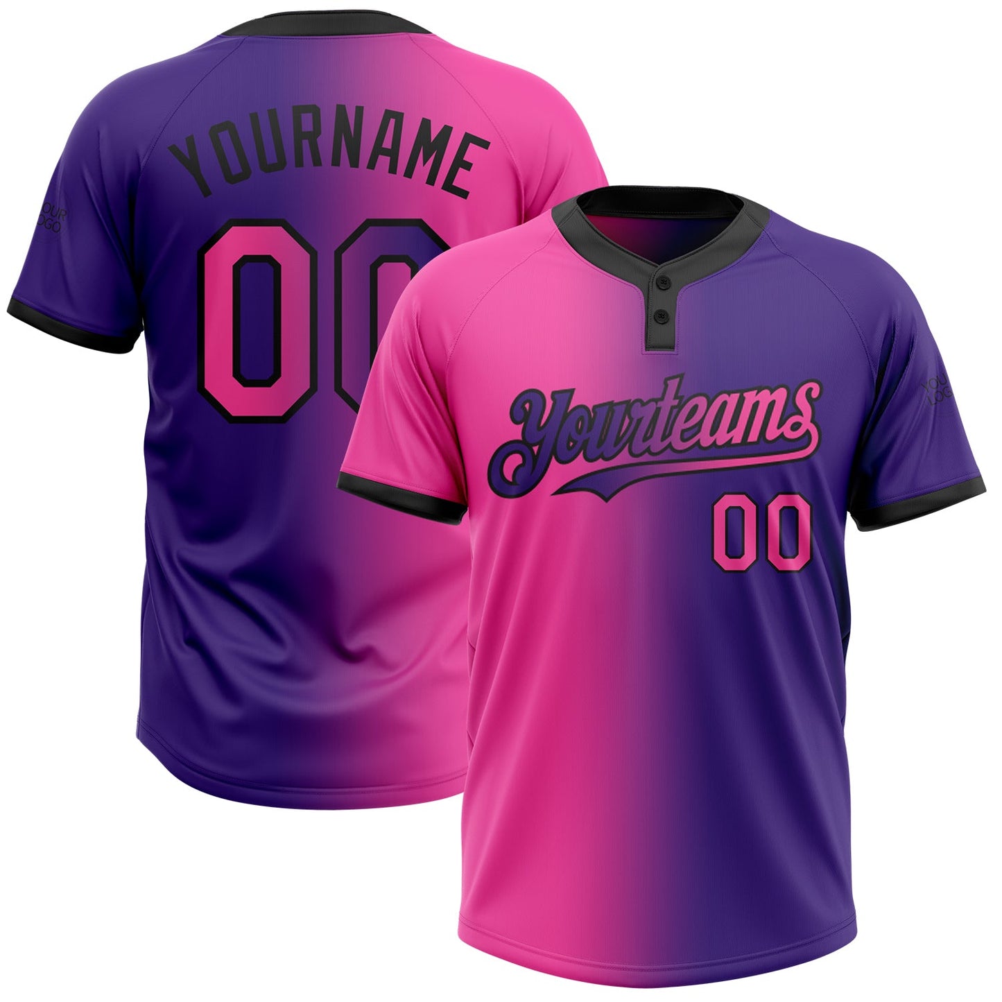 Custom Purple Pink-Black Gradient Fashion Two-Button Unisex Softball Jersey - Main View