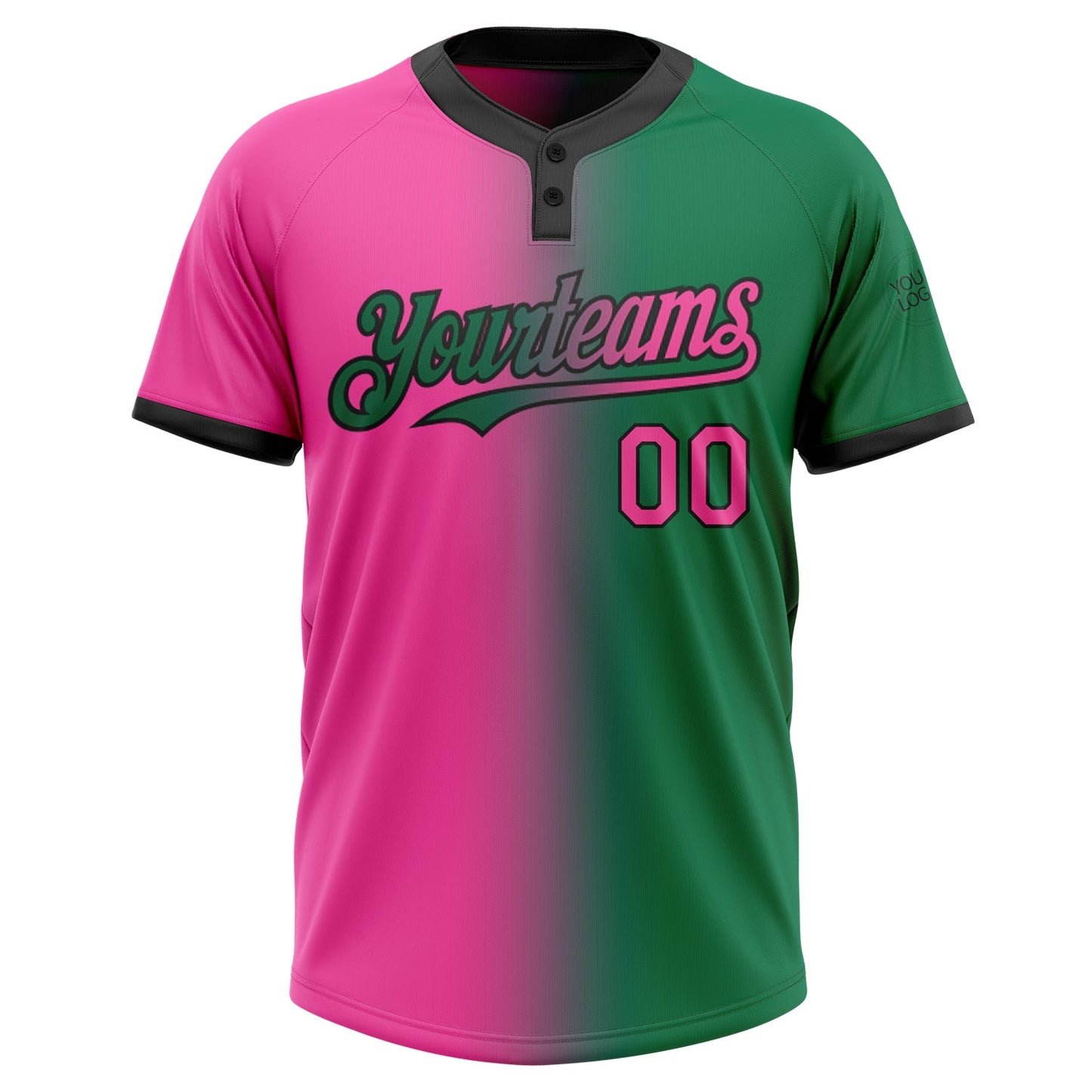 Custom Kelly Green Pink-Black Gradient Fashion Two-Button Unisex Softball Jersey view 2