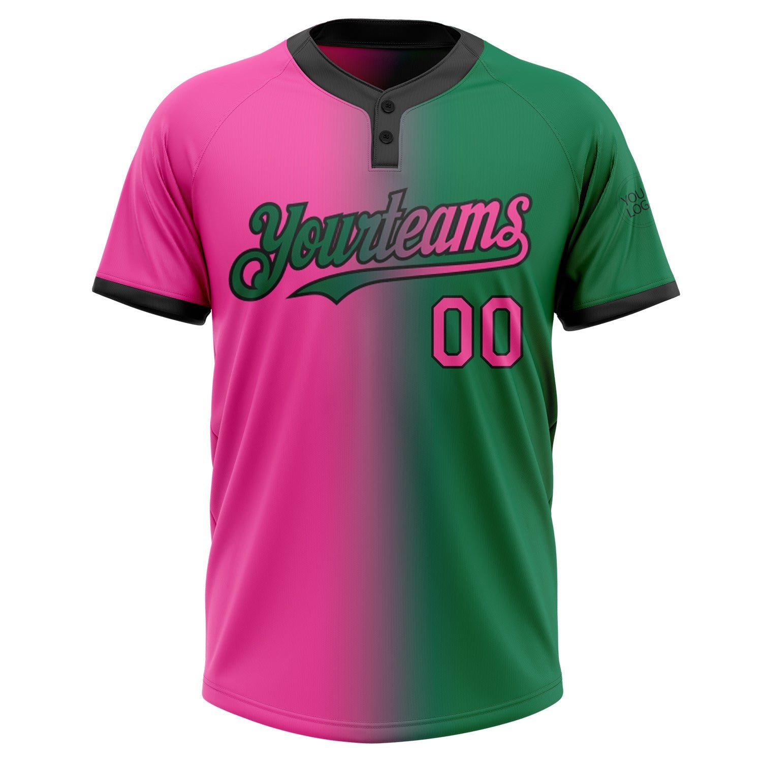 Custom Kelly Green Pink-Black Gradient Fashion Two-Button Unisex Softball Jersey view 2
