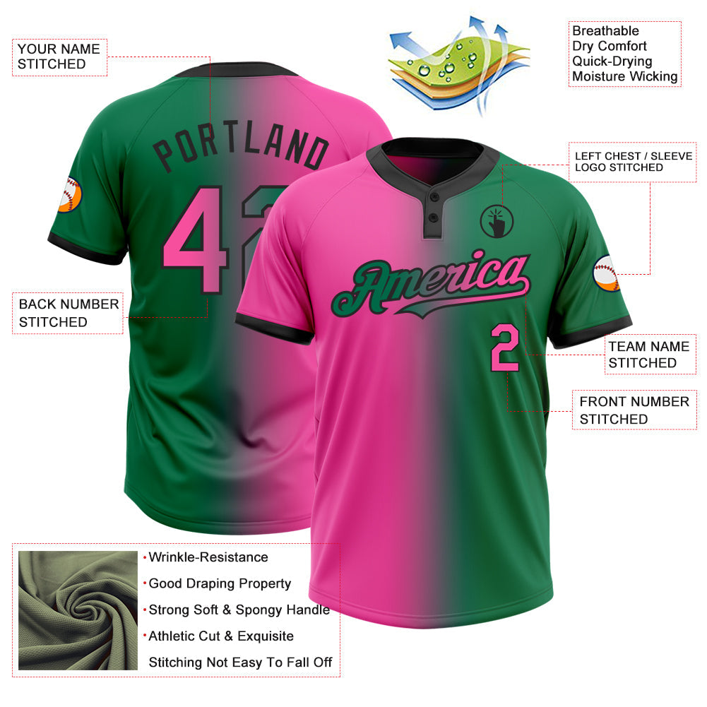 Custom Kelly Green Pink-Black Gradient Fashion Two-Button Unisex Softball Jersey view 3