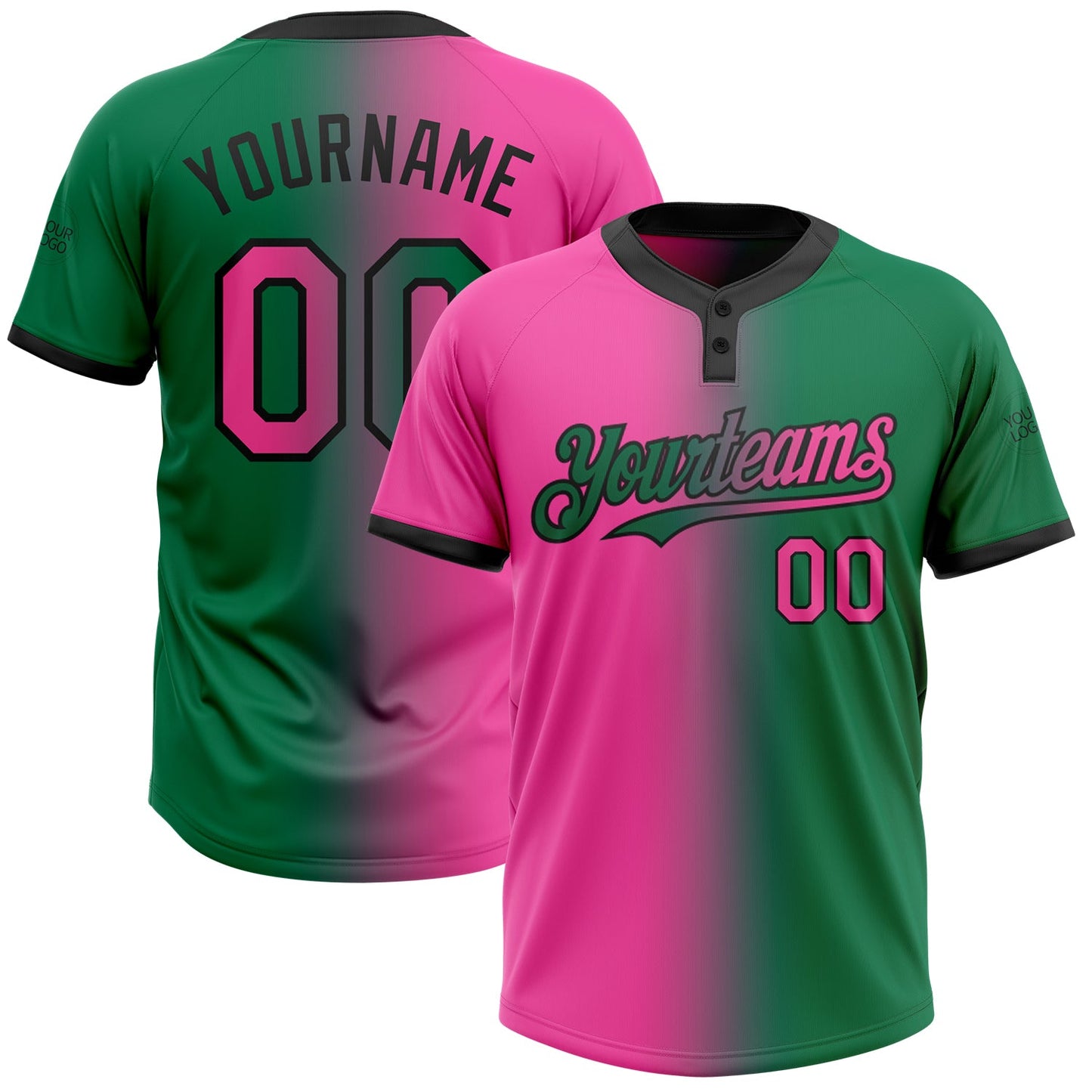 Custom Kelly Green Pink-Black Gradient Fashion Two-Button Unisex Softball Jersey - Main View