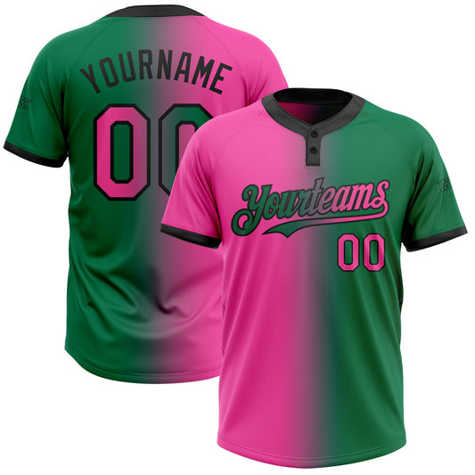 Custom Kelly Green Pink-Black Gradient Fashion Two-Button Unisex Softball Jersey - Main View