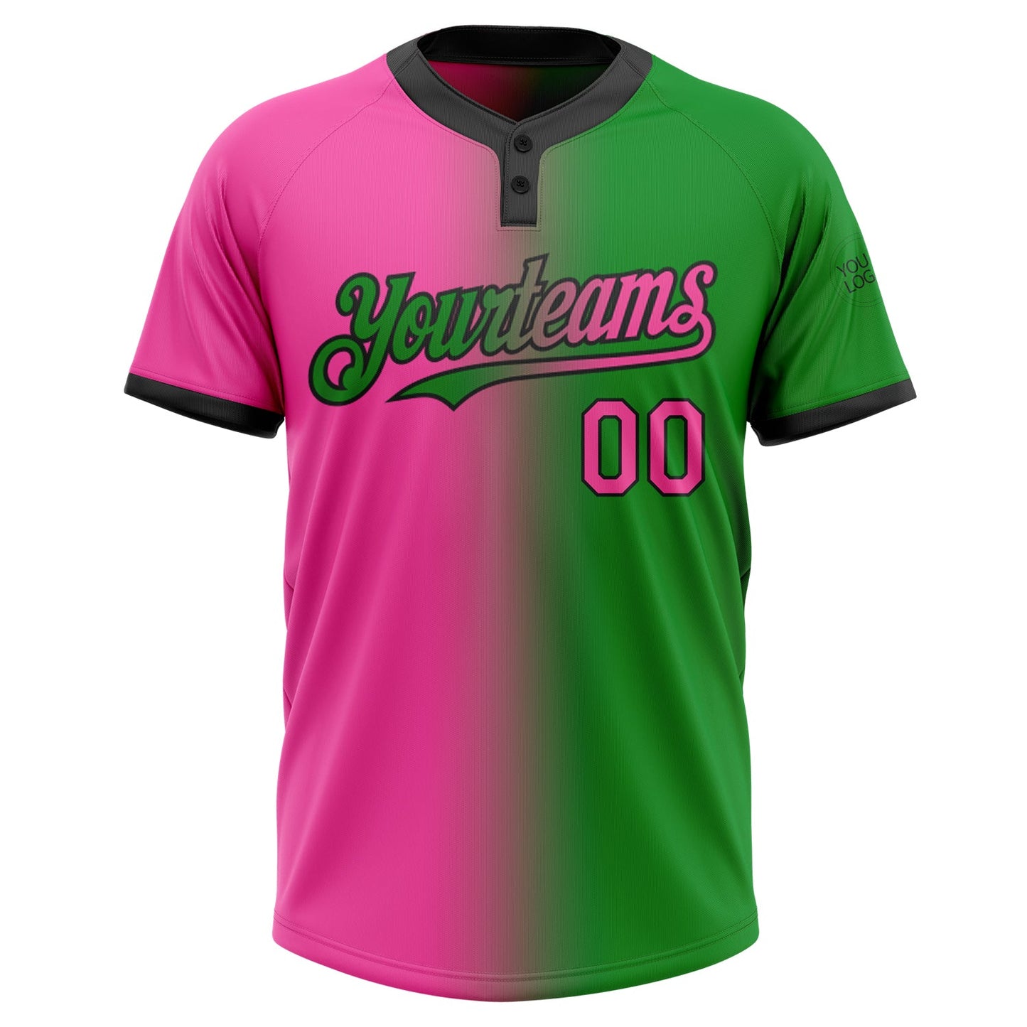Custom Grass Green Pink-Black Gradient Fashion Two-Button Unisex Softball Jersey view 2