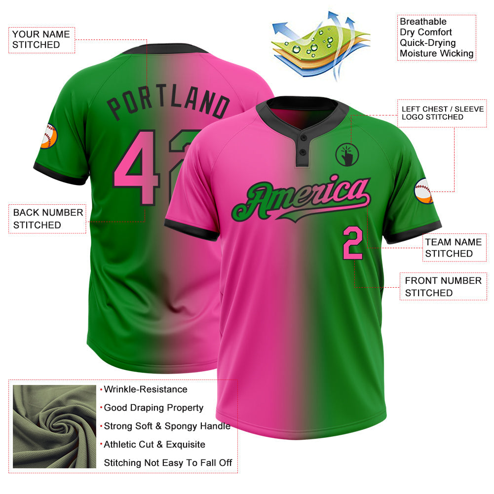 Custom Grass Green Pink-Black Gradient Fashion Two-Button Unisex Softball Jersey view 3