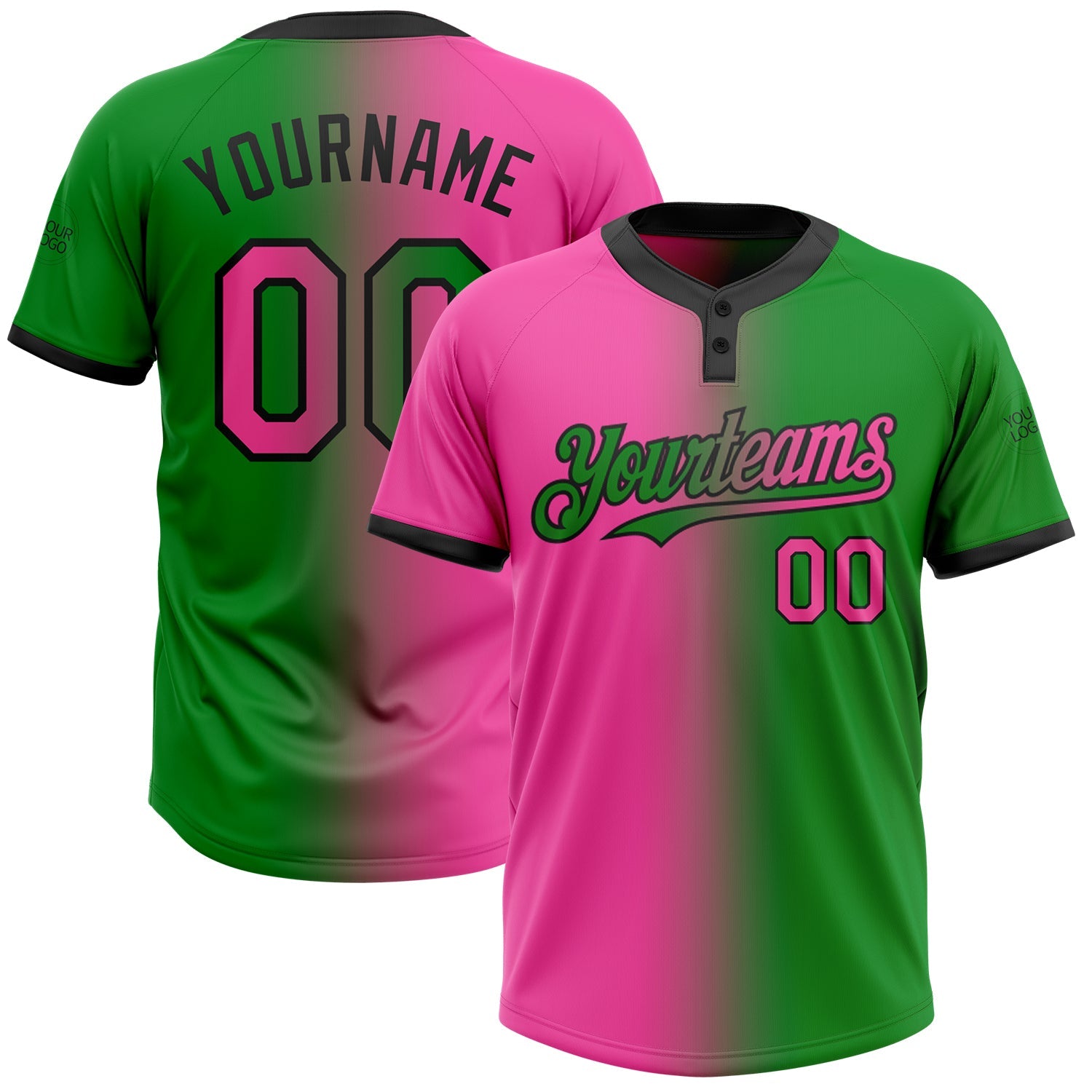Custom Grass Green Pink-Black Gradient Fashion Two-Button Unisex Softball Jersey - Main View