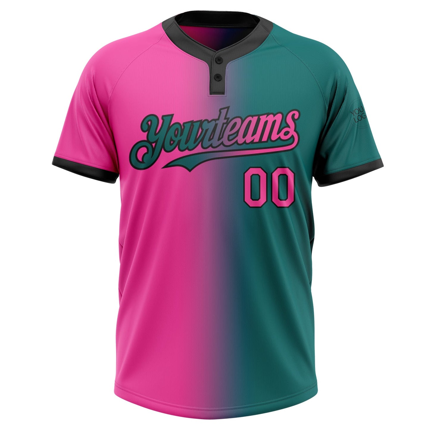 Custom Teal Pink-Black Gradient Fashion Two-Button Unisex Softball Jersey view 2