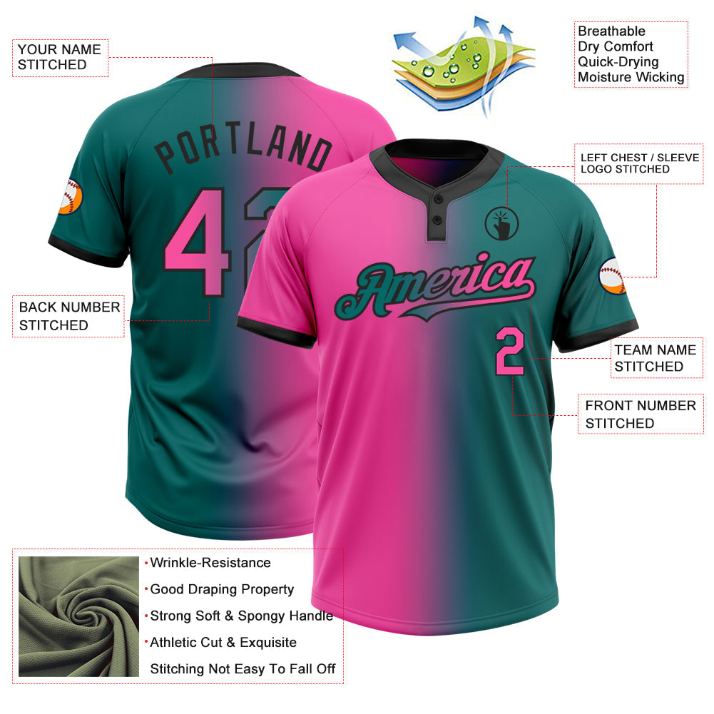 Custom Teal Pink-Black Gradient Fashion Two-Button Unisex Softball Jersey view 3