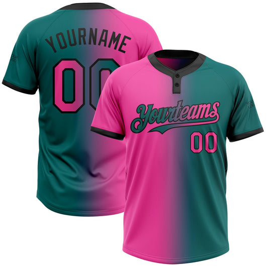 Custom Teal Pink-Black Gradient Fashion Two-Button Unisex Softball Jersey - Main View