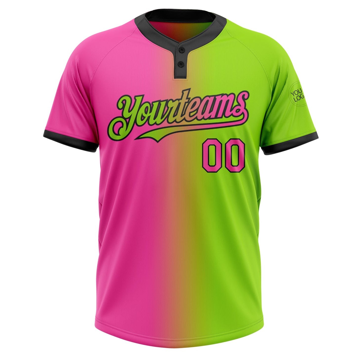 Custom Neon Green Pink-Black Gradient Fashion Two-Button Unisex Softball Jersey view 2