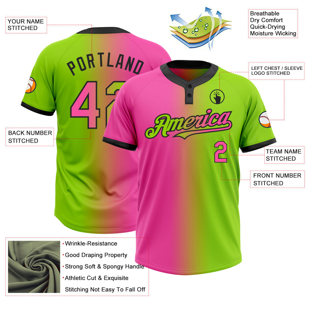 Custom Neon Green Pink-Black Gradient Fashion Two-Button Unisex Softball Jersey view 3