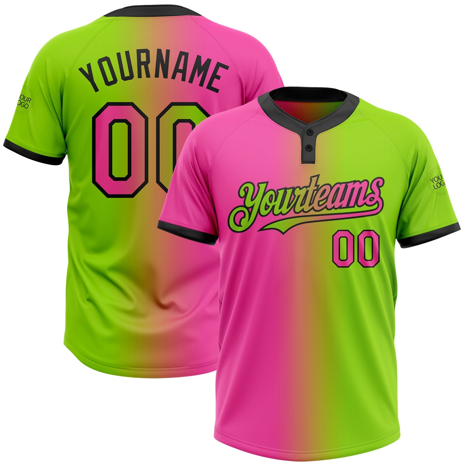 Custom Neon Green Pink-Black Gradient Fashion Two-Button Unisex Softball Jersey - Main View