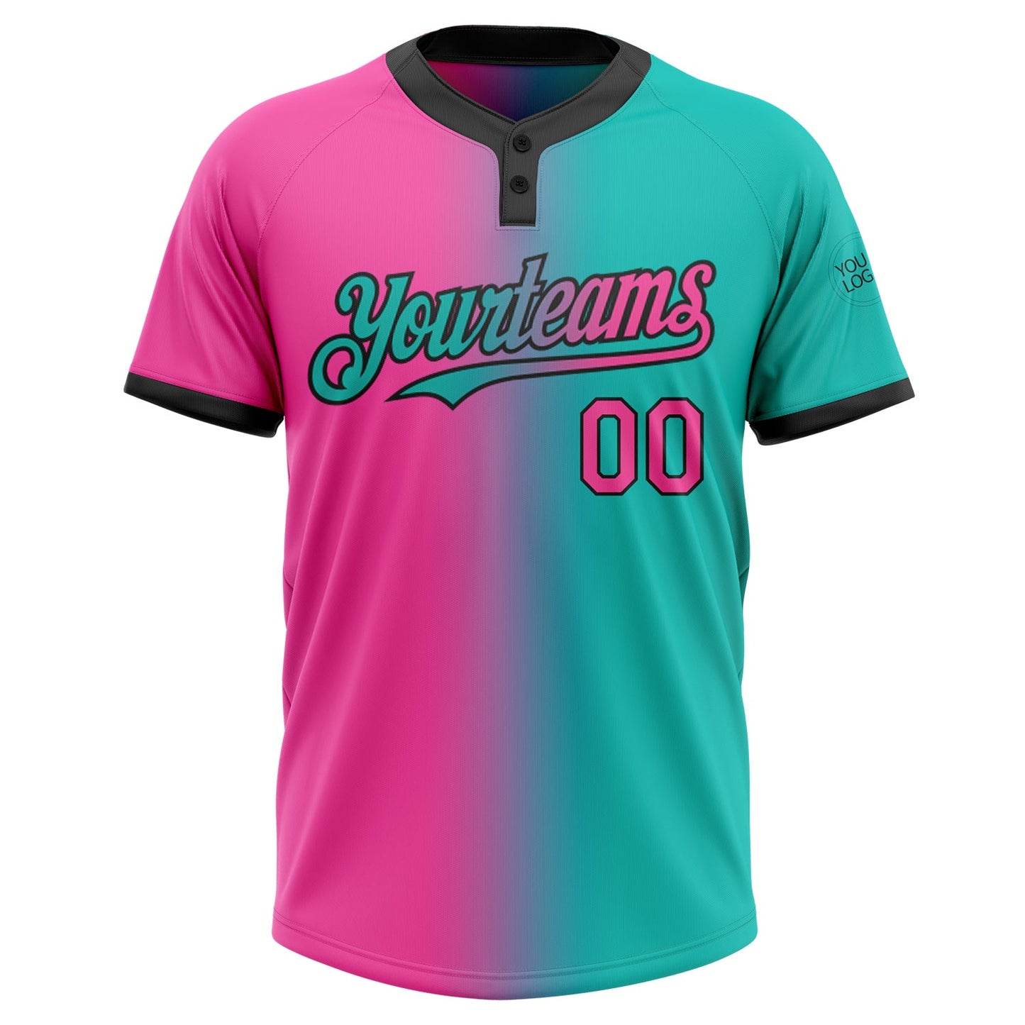 Custom Aqua Pink-Black Gradient Fashion Two-Button Unisex Softball Jersey view 2