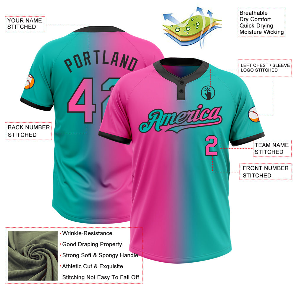Custom Aqua Pink-Black Gradient Fashion Two-Button Unisex Softball Jersey view 3