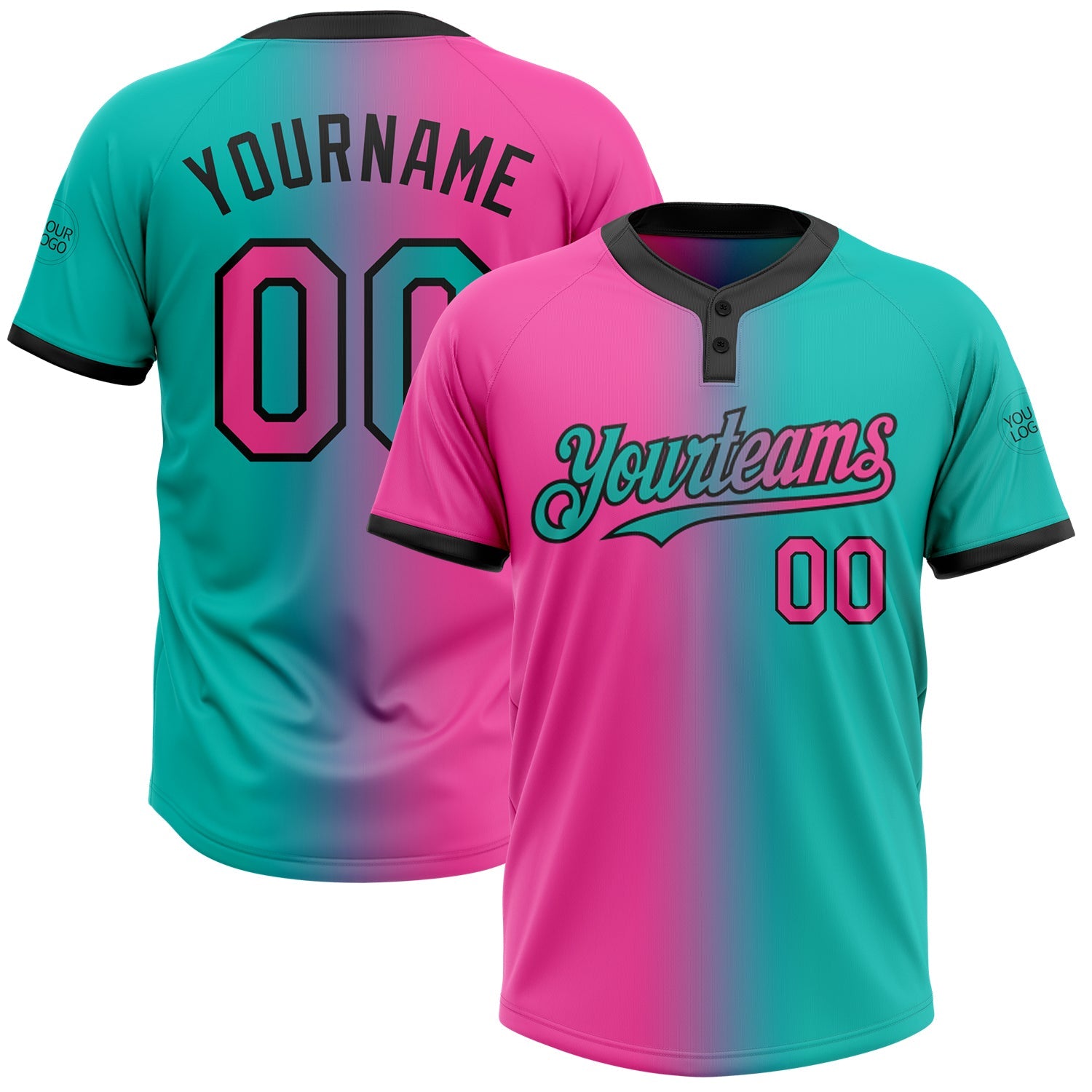 Custom Aqua Pink-Black Gradient Fashion Two-Button Unisex Softball Jersey - Main View