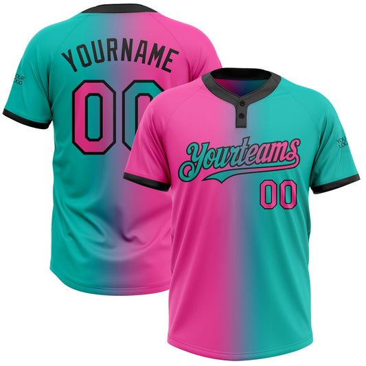 Custom Aqua Pink-Black Gradient Fashion Two-Button Unisex Softball Jersey - Main View