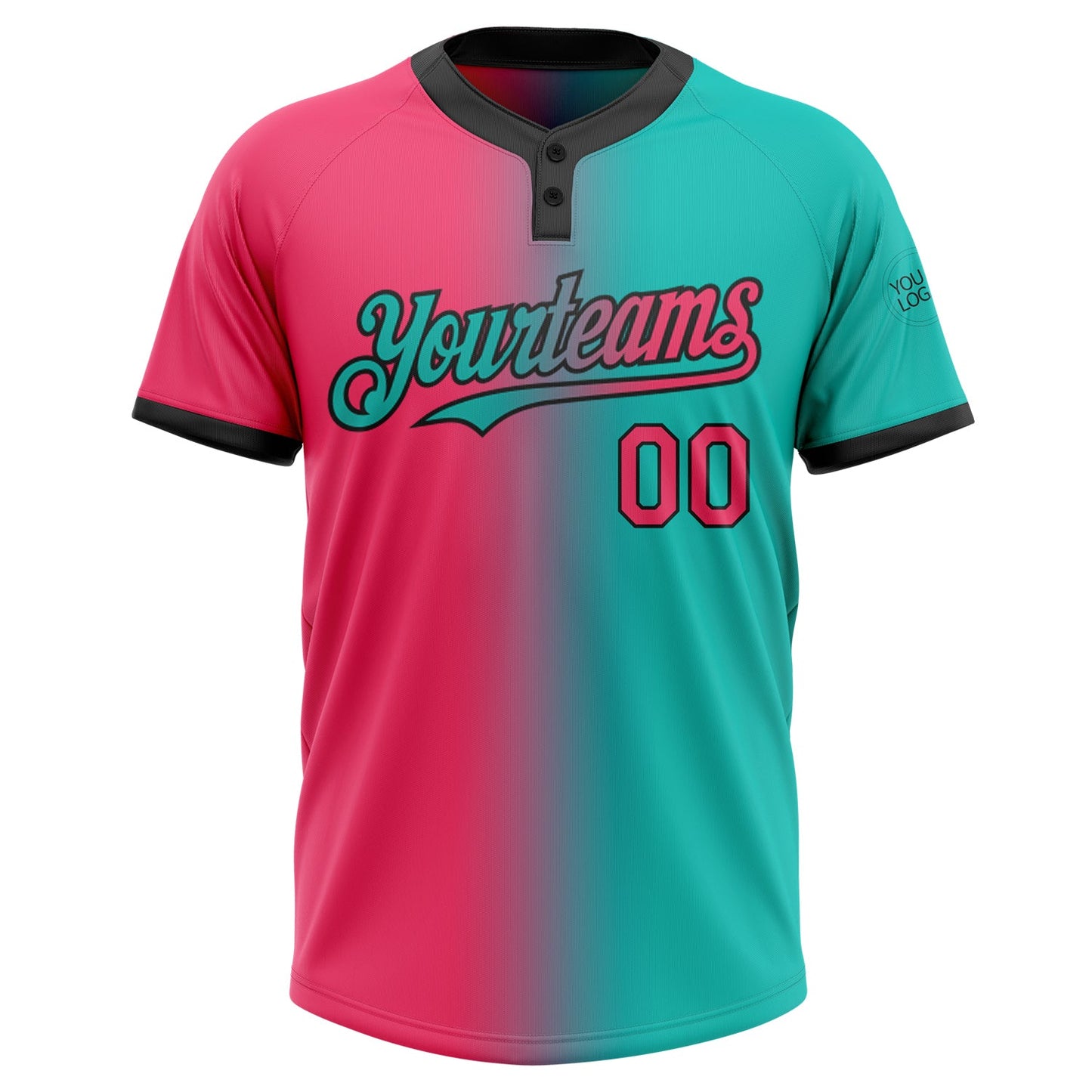 Custom Aqua Neon Pink-Black Gradient Fashion Two-Button Unisex Softball Jersey view 2
