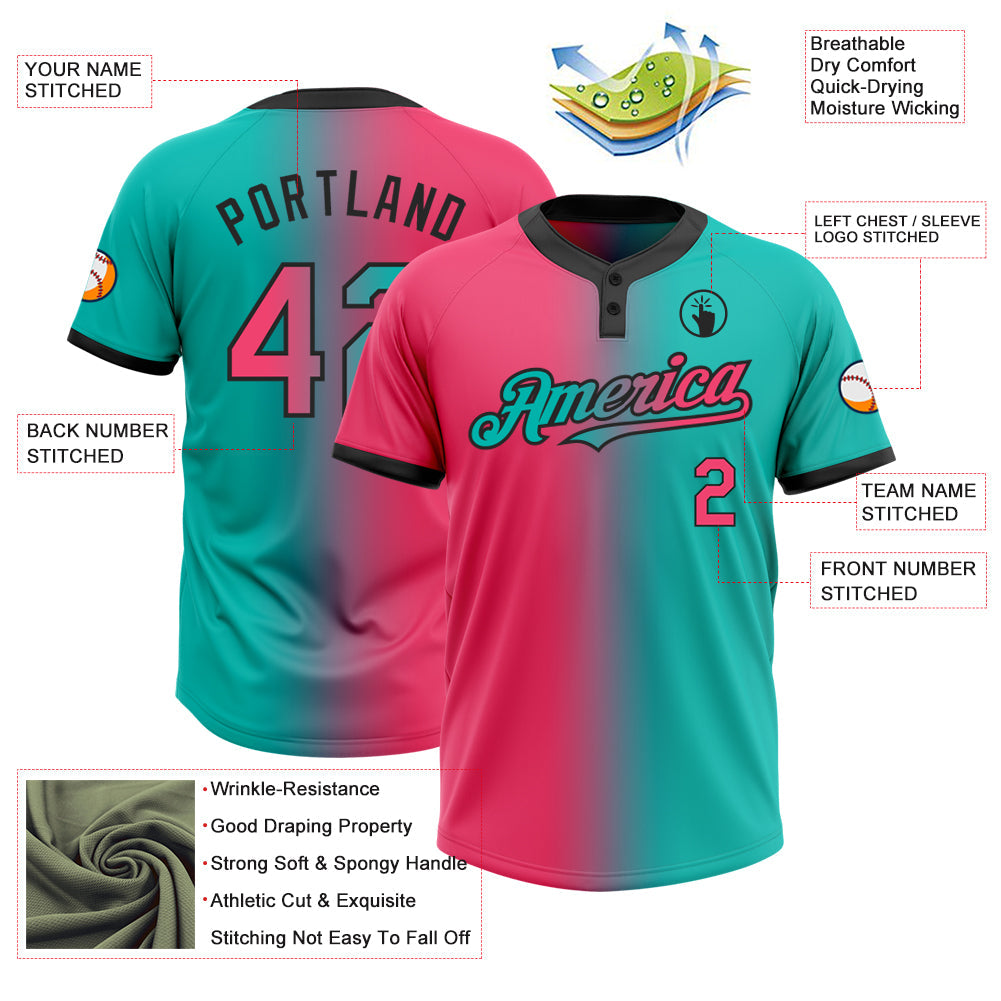 Custom Aqua Neon Pink-Black Gradient Fashion Two-Button Unisex Softball Jersey view 3