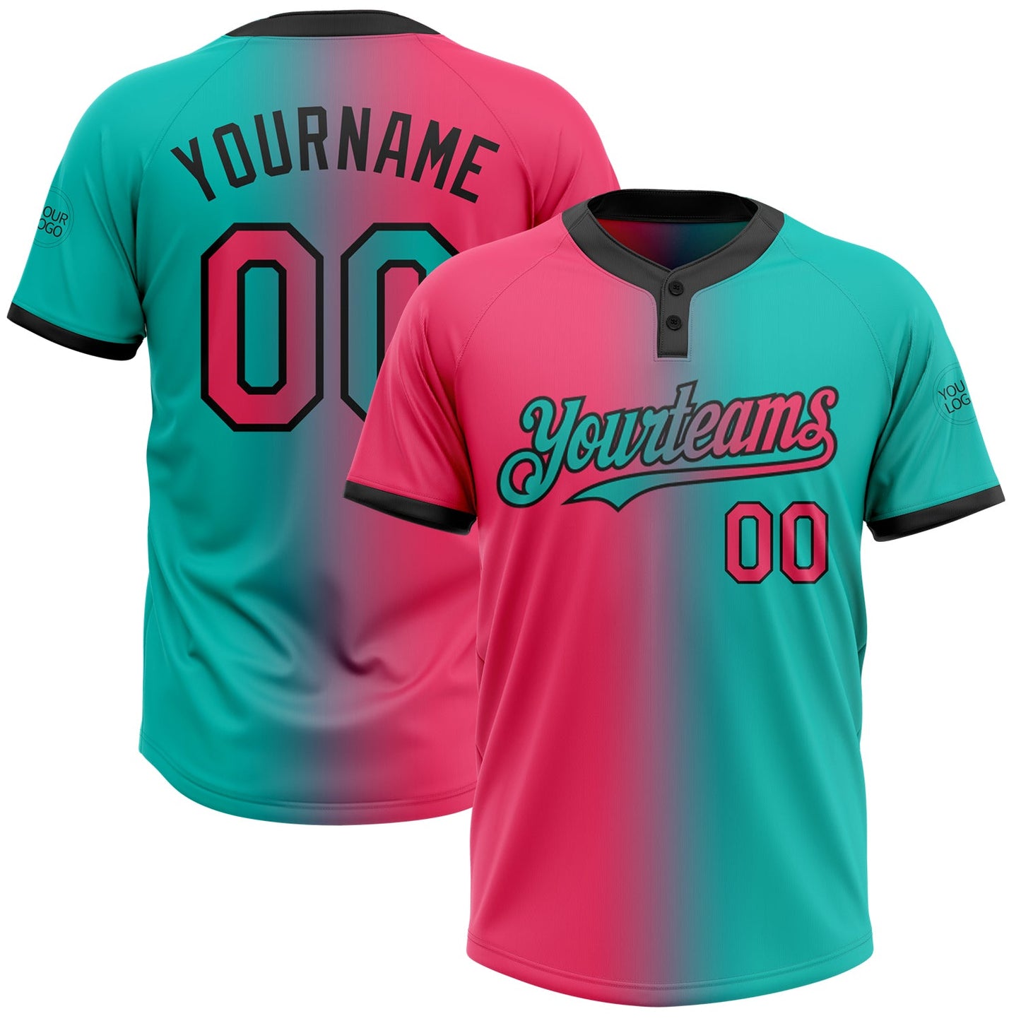 Custom Aqua Neon Pink-Black Gradient Fashion Two-Button Unisex Softball Jersey - Main View