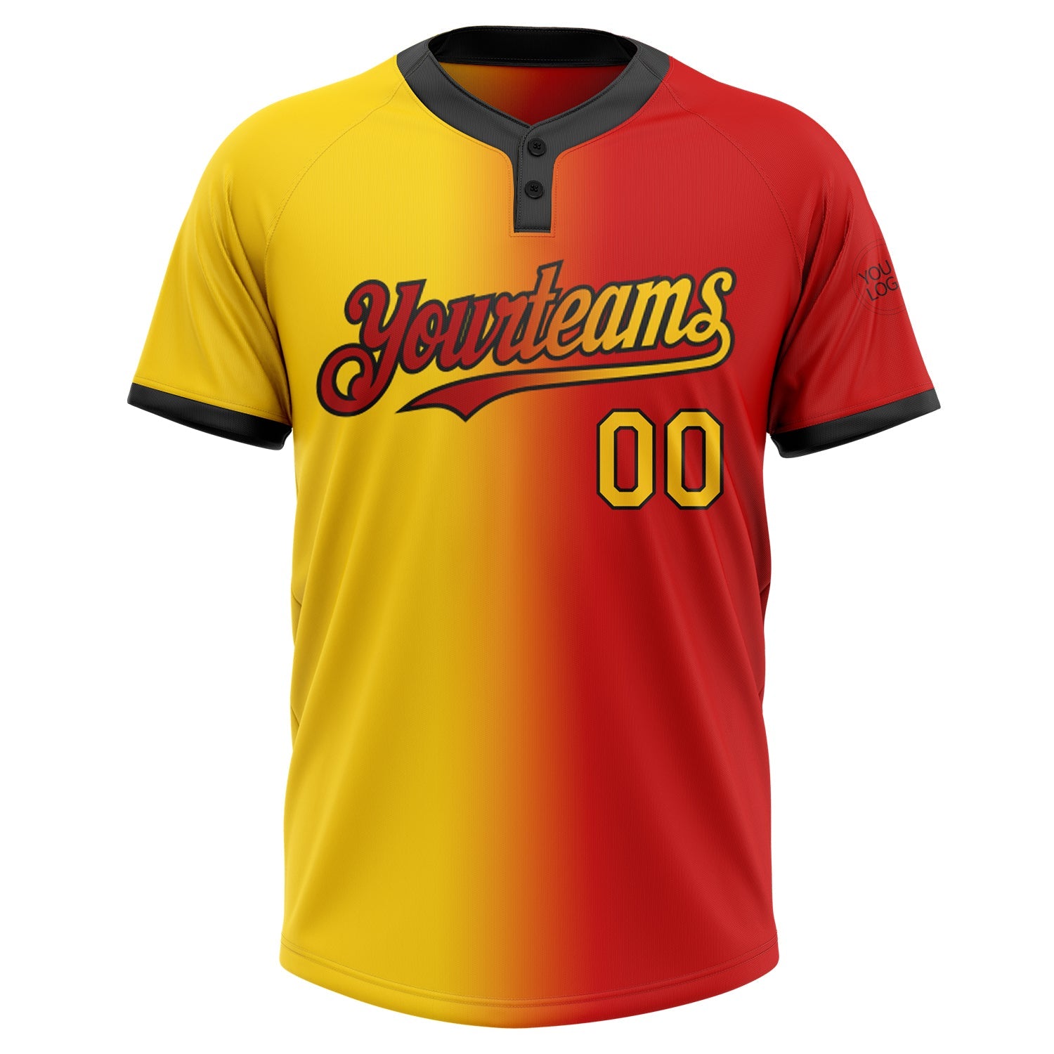 Custom Red Yellow-Black Gradient Fashion Two-Button Unisex Softball Jersey view 2