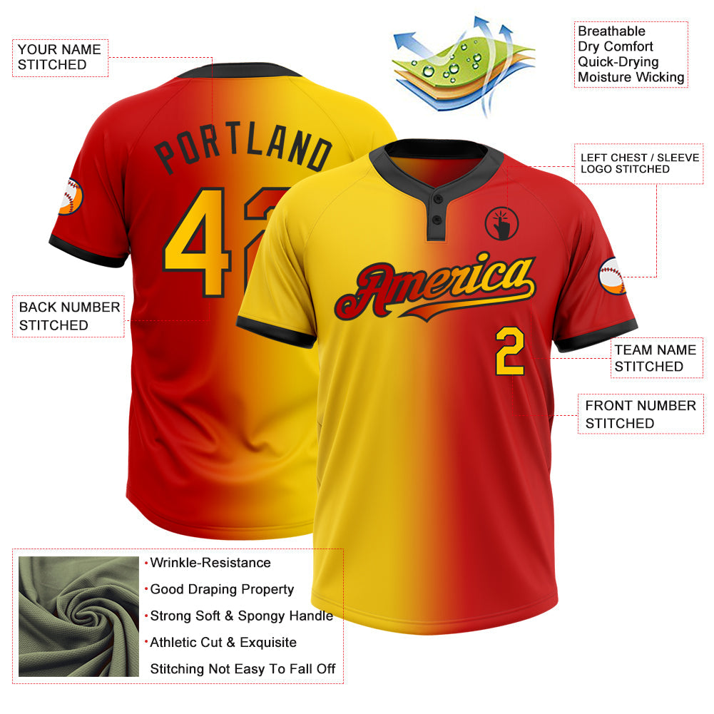 Custom Red Yellow-Black Gradient Fashion Two-Button Unisex Softball Jersey view 3