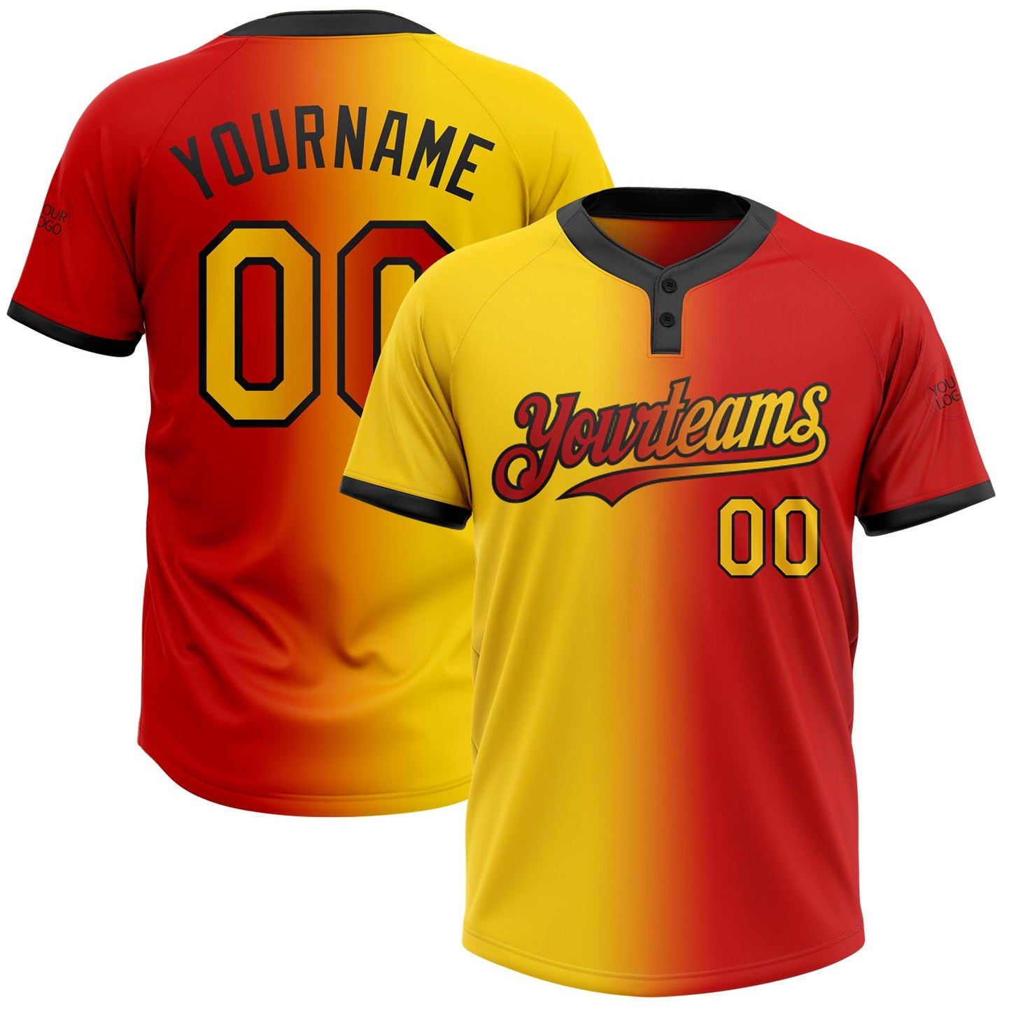 Custom Red Yellow-Black Gradient Fashion Two-Button Unisex Softball Jersey - Main View
