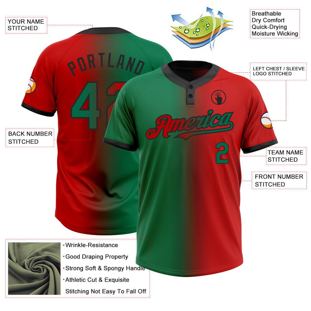 Custom Red Kelly Green-Black Gradient Fashion Two-Button Unisex Softball Jersey view 3