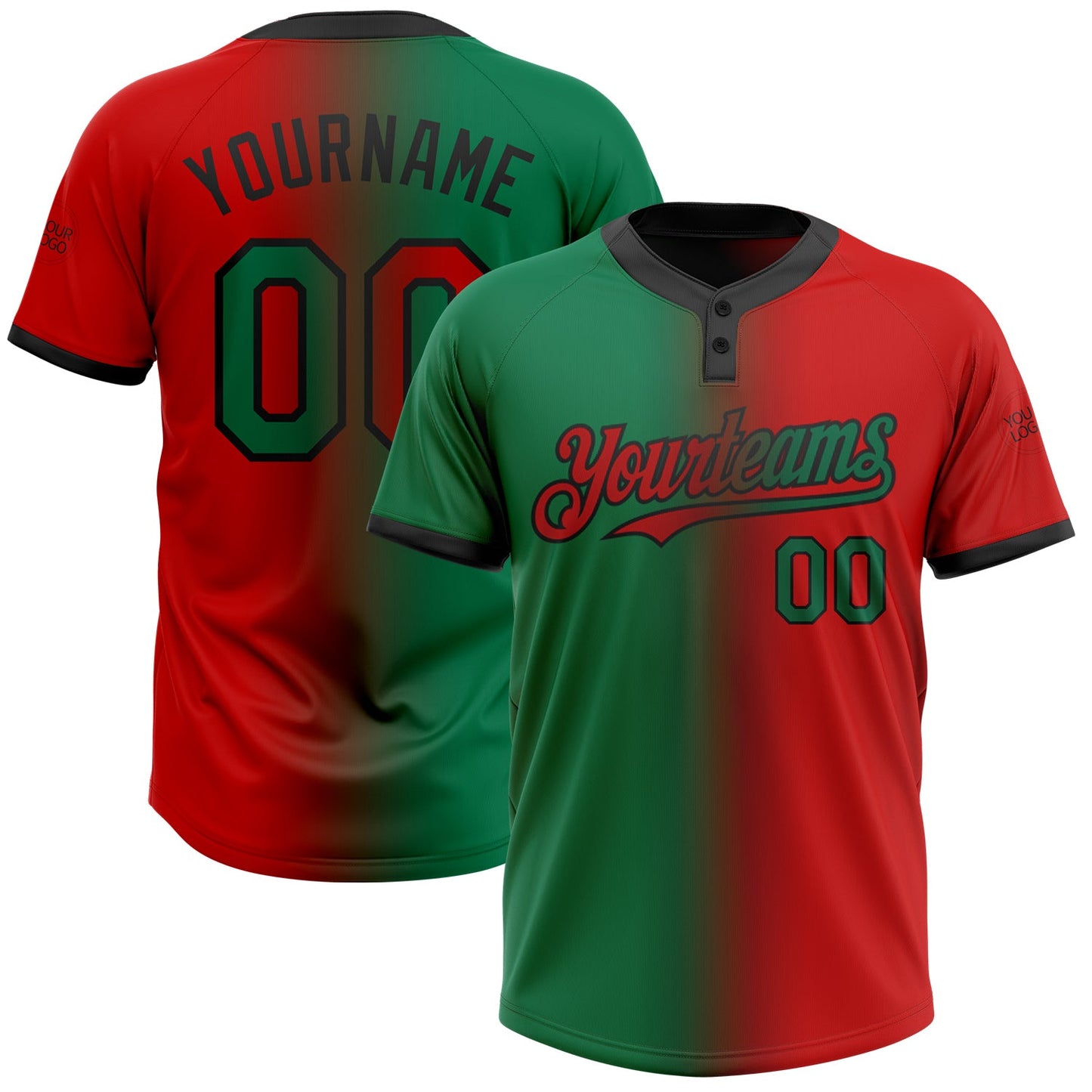 Custom Red Kelly Green-Black Gradient Fashion Two-Button Unisex Softball Jersey - Main View
