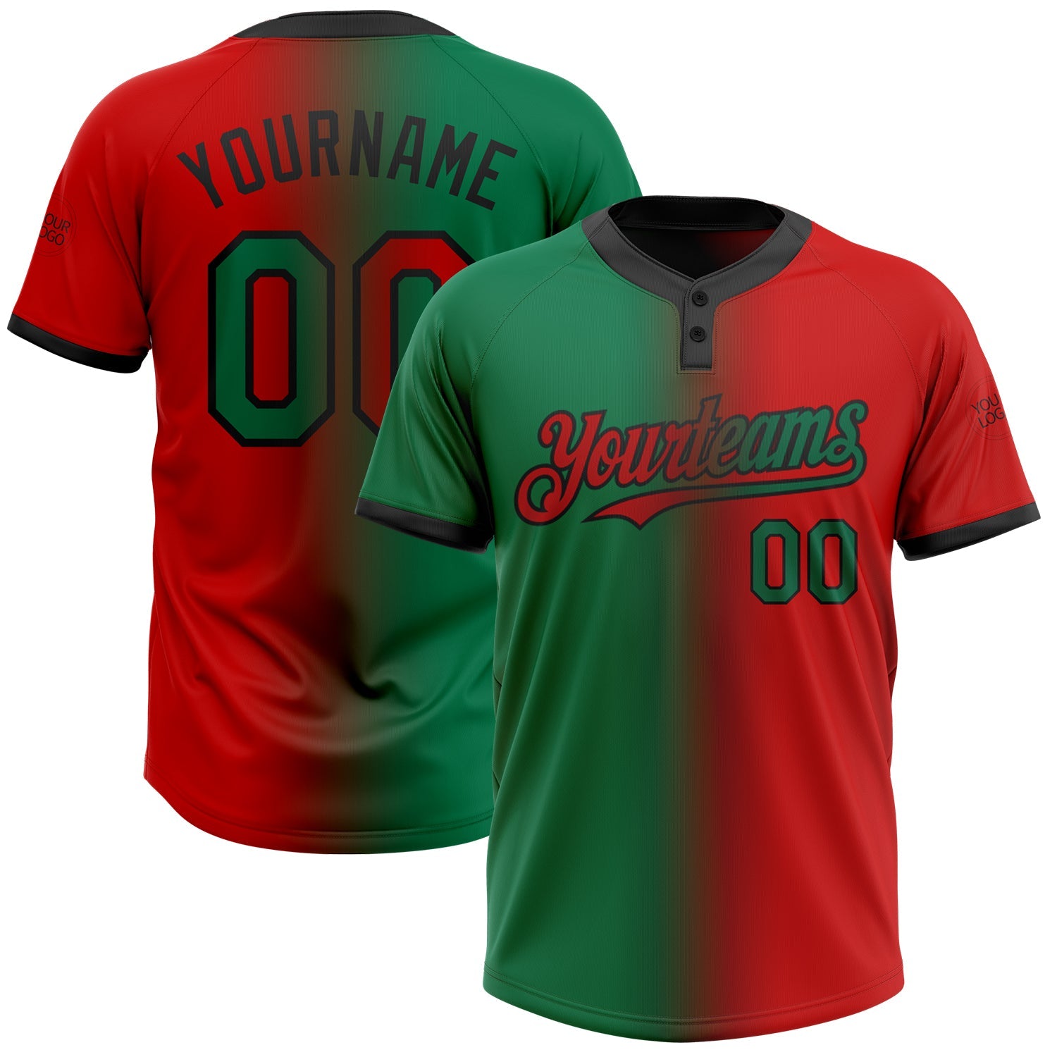 Custom Red Kelly Green-Black Gradient Fashion Two-Button Unisex Softball Jersey - Main View