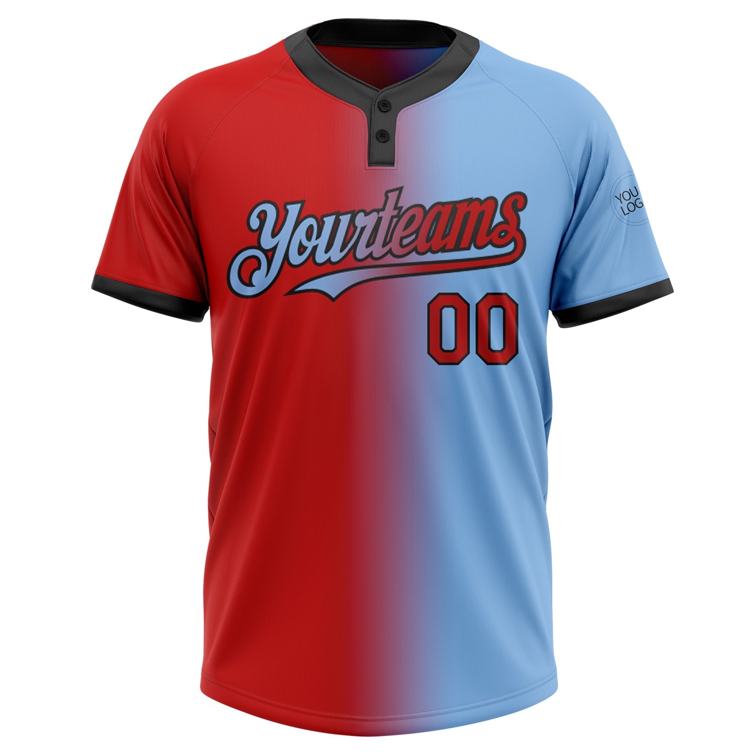 Custom Light Blue Red-Black Gradient Fashion Two-Button Unisex Softball Jersey view 2