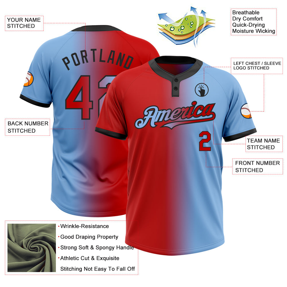 Custom Light Blue Red-Black Gradient Fashion Two-Button Unisex Softball Jersey view 3