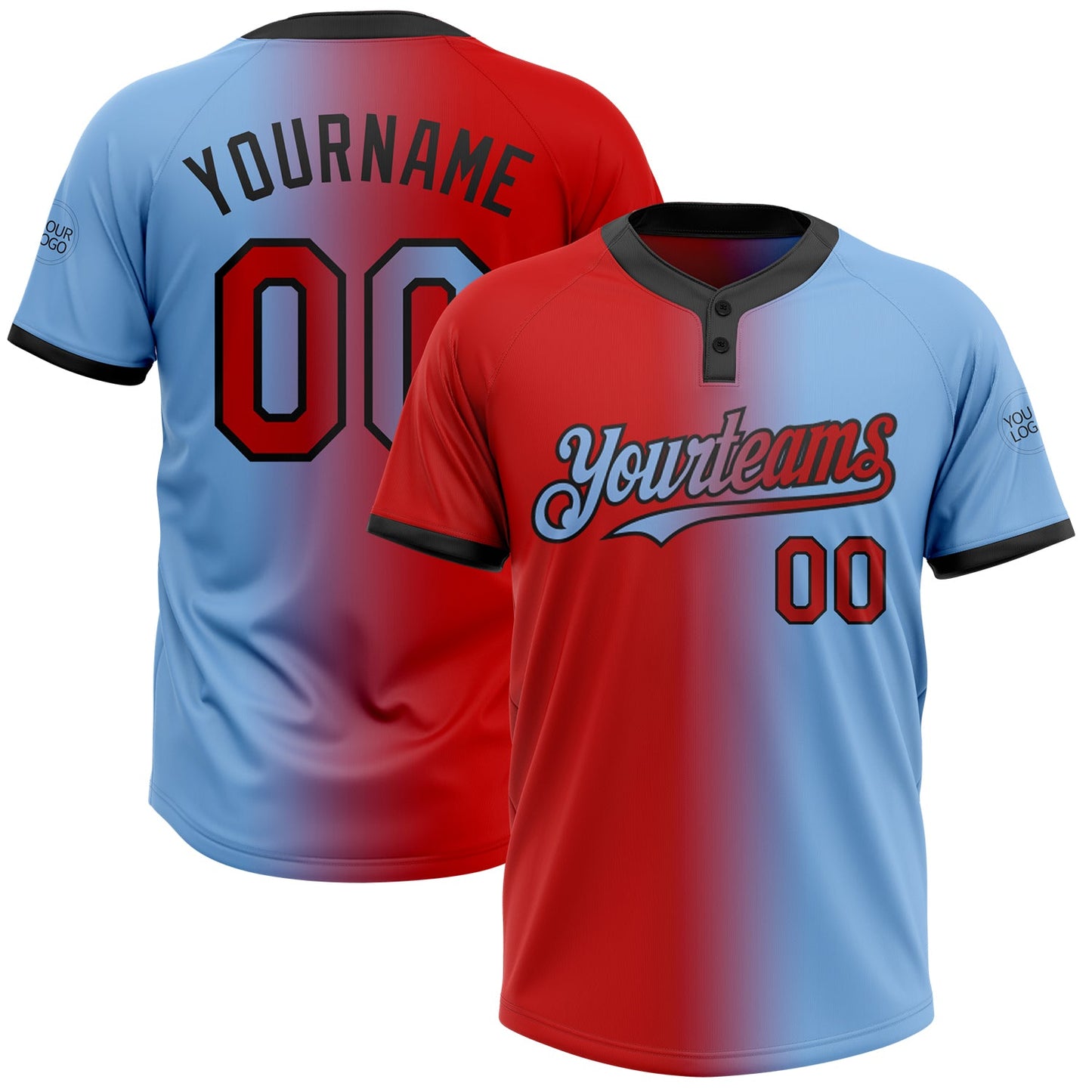 Custom Light Blue Red-Black Gradient Fashion Two-Button Unisex Softball Jersey - Main View