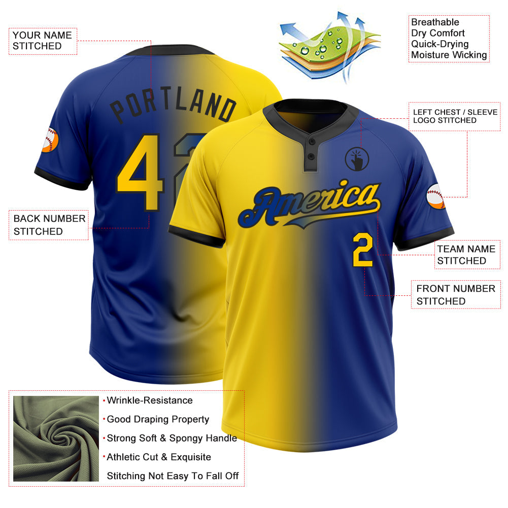 Custom Royal Yellow-Black Gradient Fashion Two-Button Unisex Softball Jersey view 3