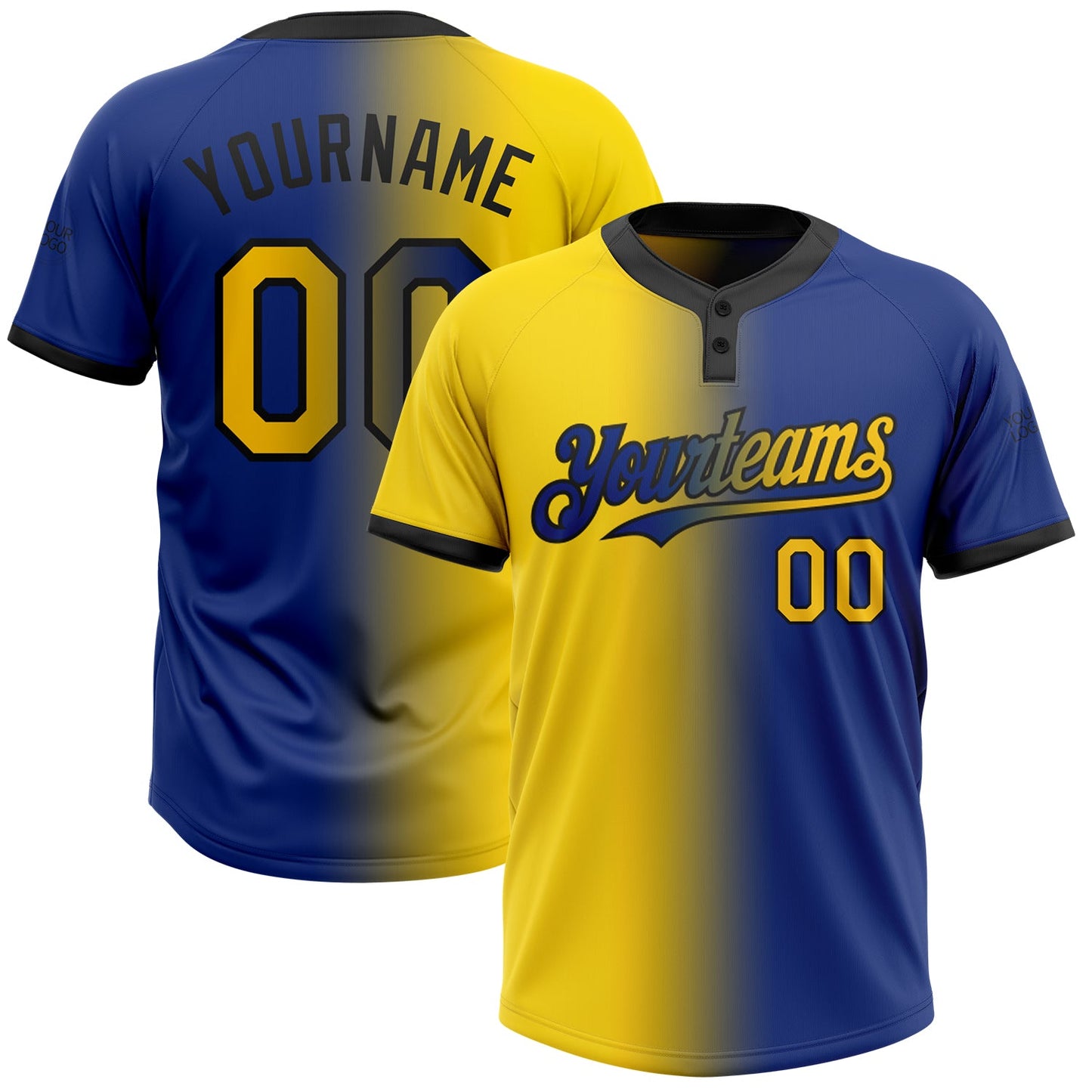 Custom Royal Yellow-Black Gradient Fashion Two-Button Unisex Softball Jersey - Main View