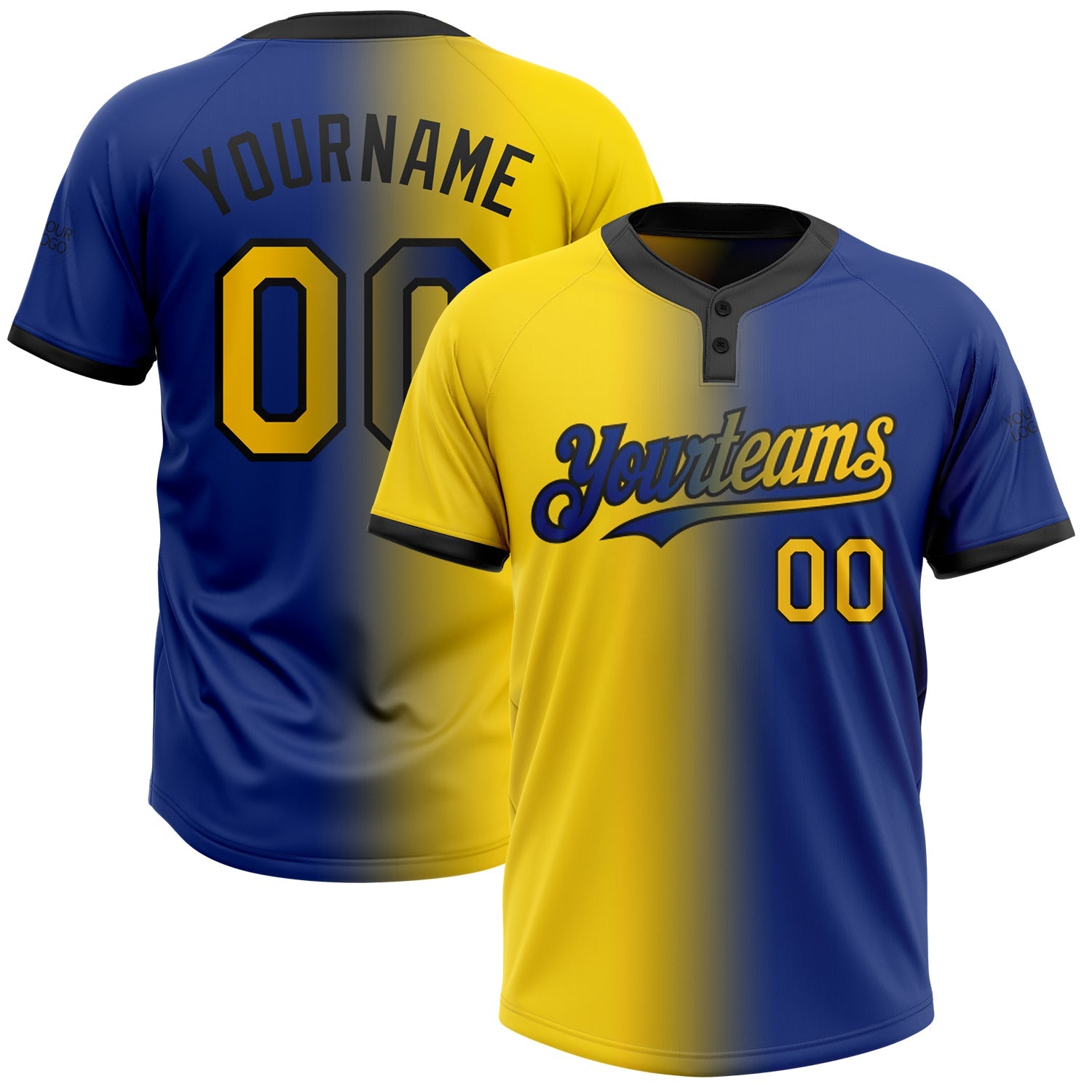 Custom Royal Yellow-Black Gradient Fashion Two-Button Unisex Softball Jersey - Main View
