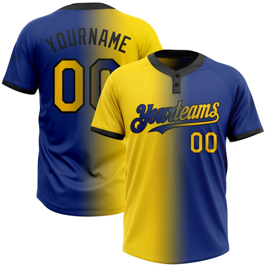 Custom Royal Yellow-Black Gradient Fashion Two-Button Unisex Softball Jersey - Main View