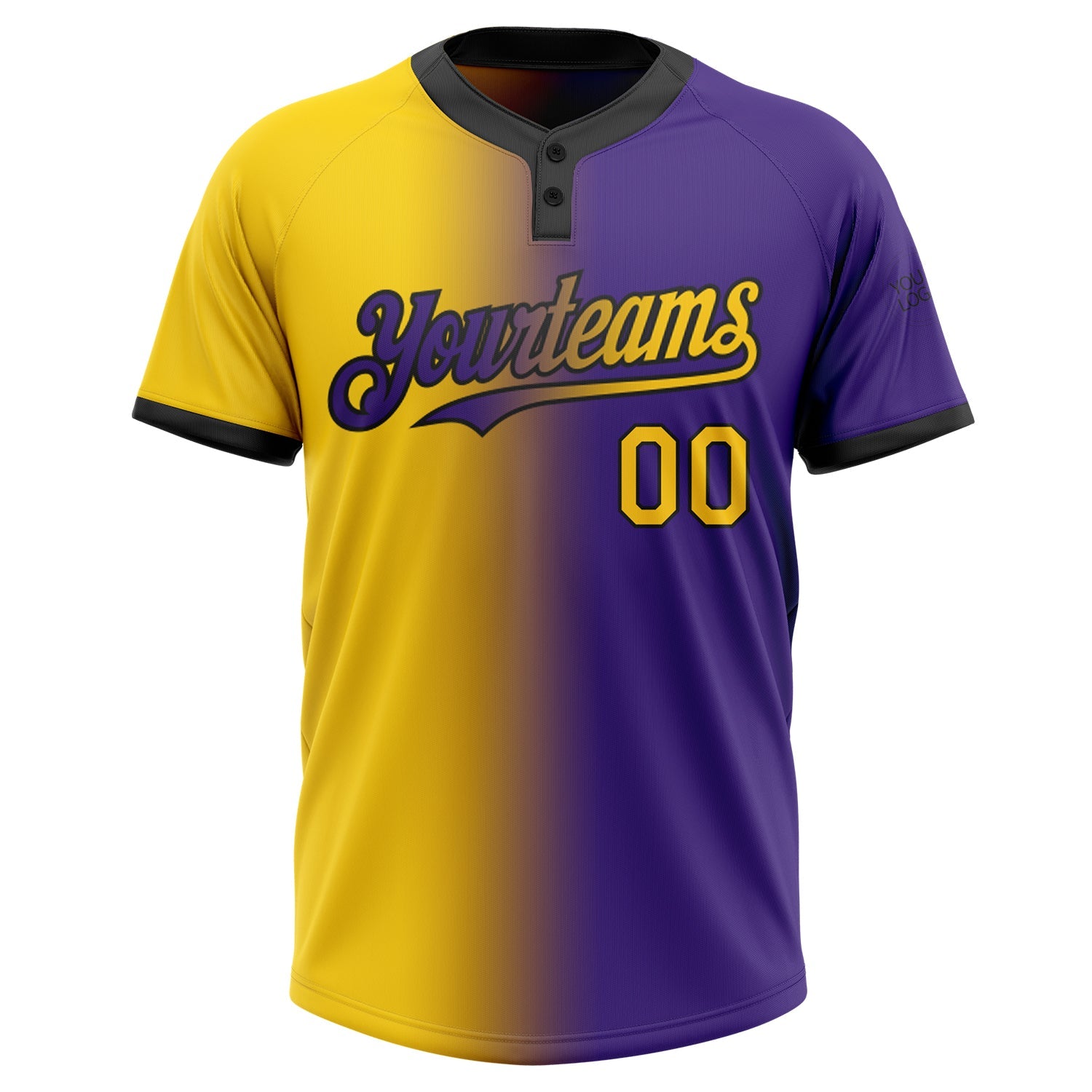 Custom Purple Yellow-Black Gradient Fashion Two-Button Unisex Softball Jersey view 2