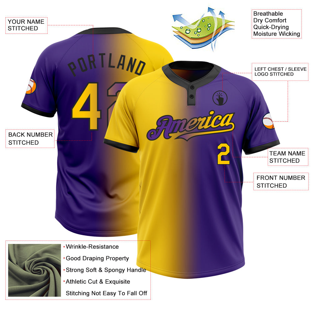 Custom Purple Yellow-Black Gradient Fashion Two-Button Unisex Softball Jersey view 3
