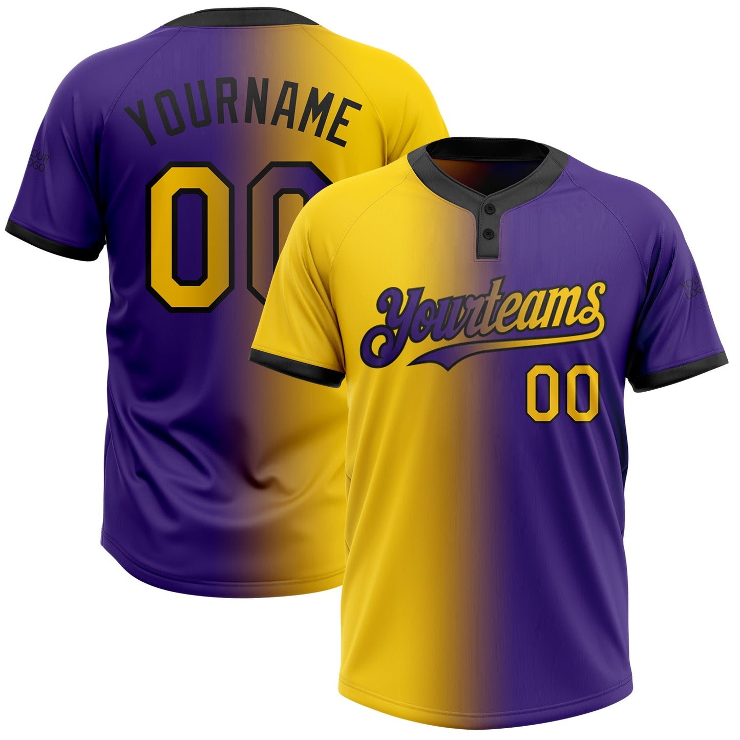 Custom Purple Yellow-Black Gradient Fashion Two-Button Unisex Softball Jersey - Main View