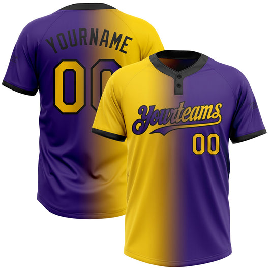 Custom Purple Yellow-Black Gradient Fashion Two-Button Unisex Softball Jersey - Main View