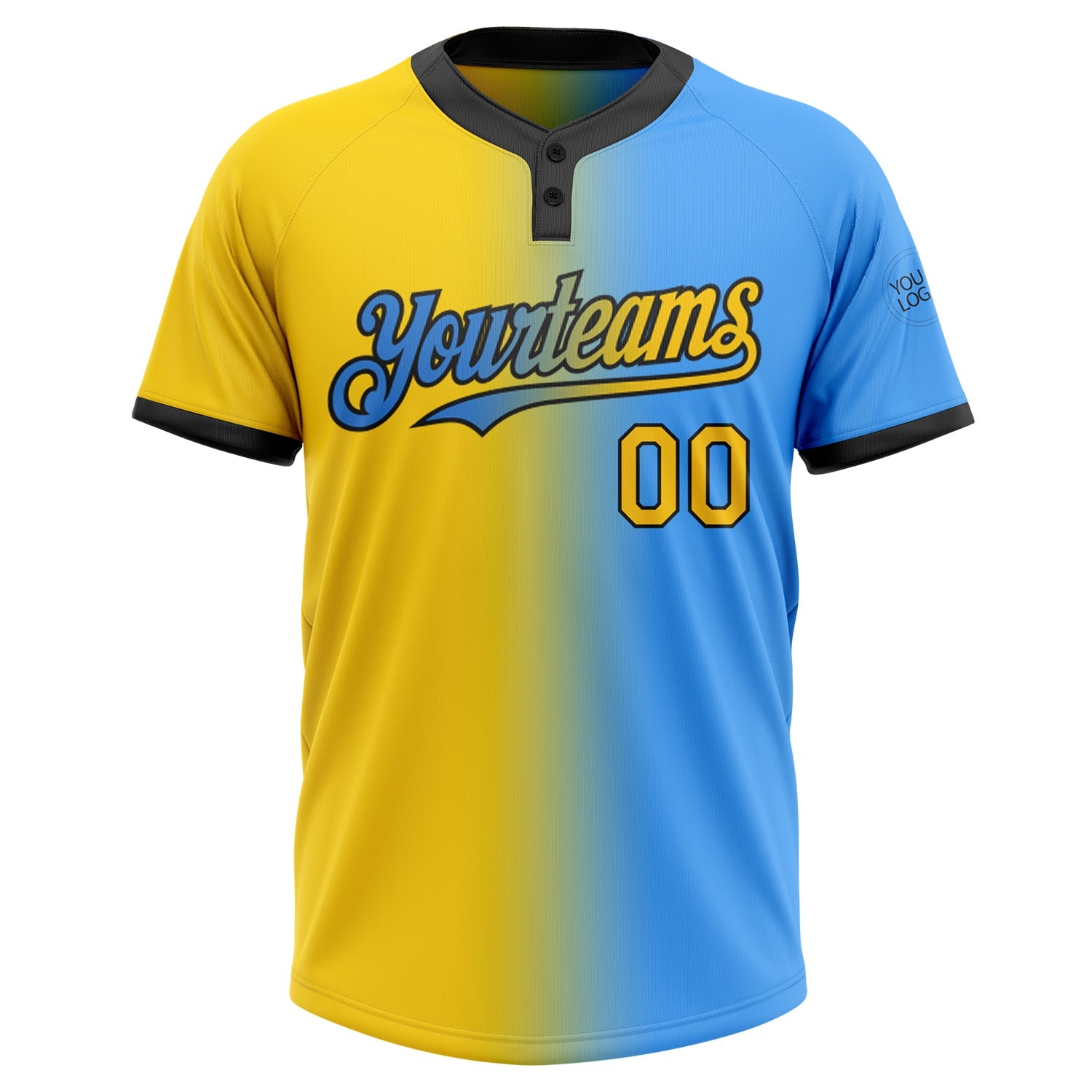 Custom Electric Blue Yellow-Black Gradient Fashion Two-Button Unisex Softball Jersey view 2