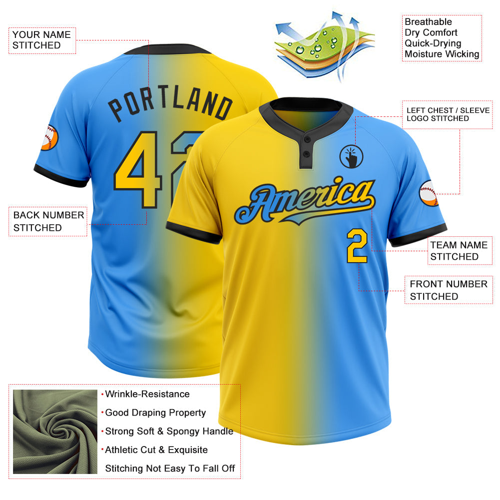 Custom Electric Blue Yellow-Black Gradient Fashion Two-Button Unisex Softball Jersey view 3