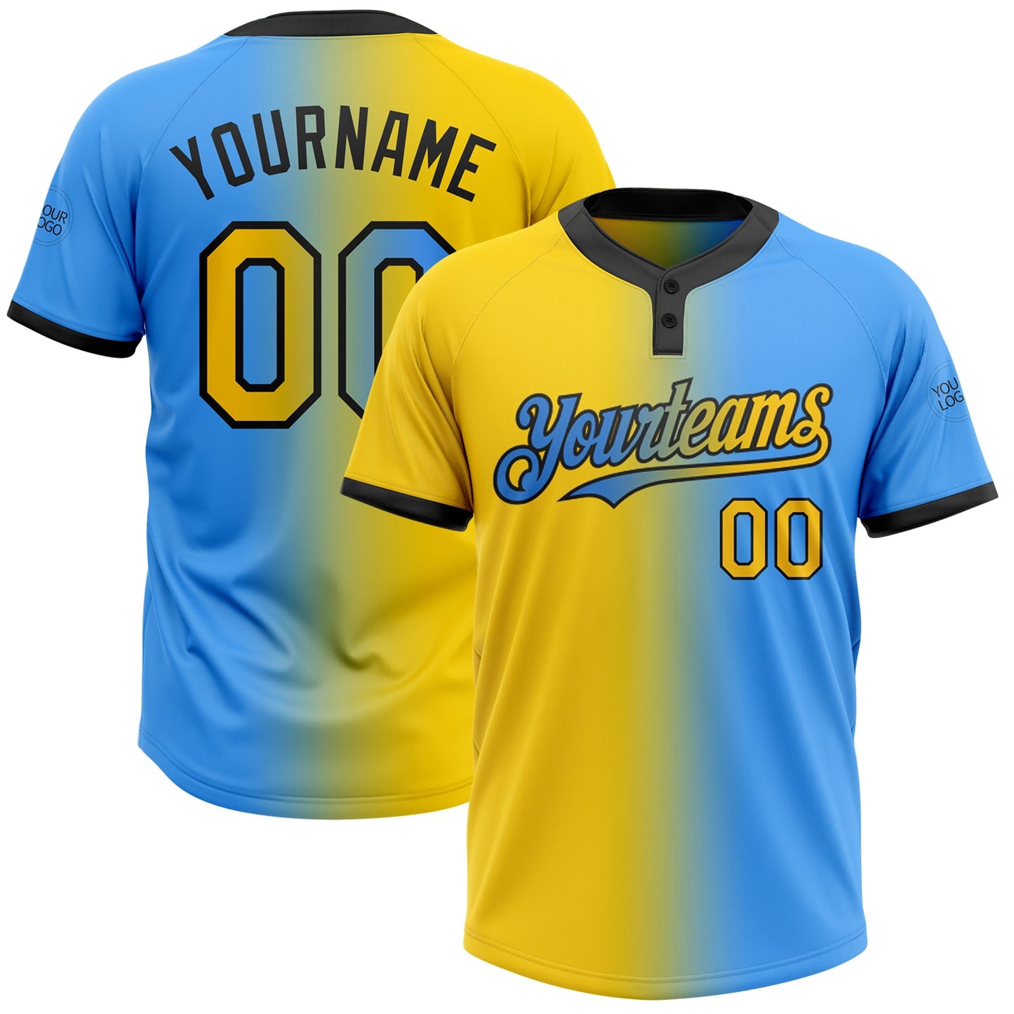 Custom Electric Blue Yellow-Black Gradient Fashion Two-Button Unisex Softball Jersey - Main View