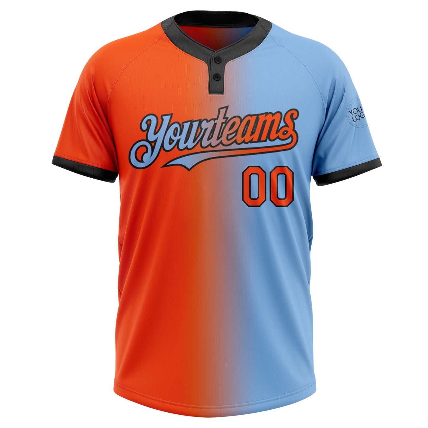 Custom Light Blue Orange-Black Gradient Fashion Two-Button Unisex Softball Jersey view 2