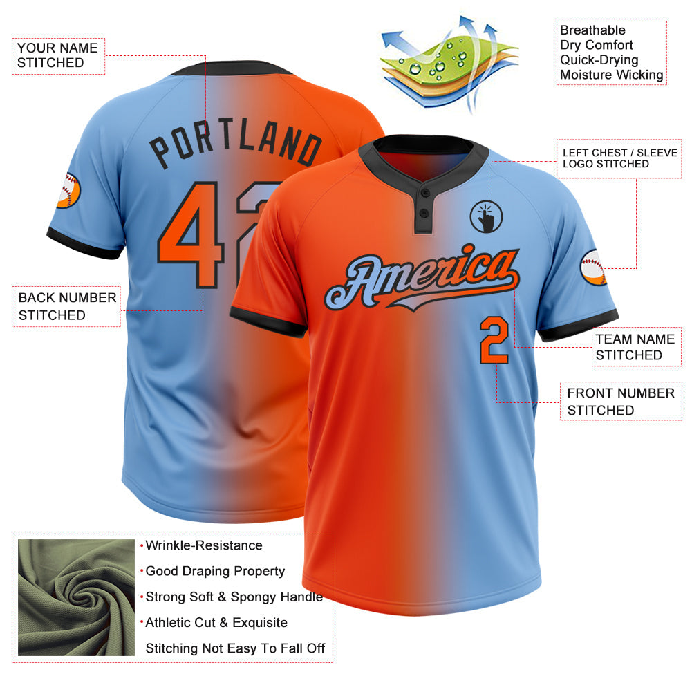 Custom Light Blue Orange-Black Gradient Fashion Two-Button Unisex Softball Jersey view 3