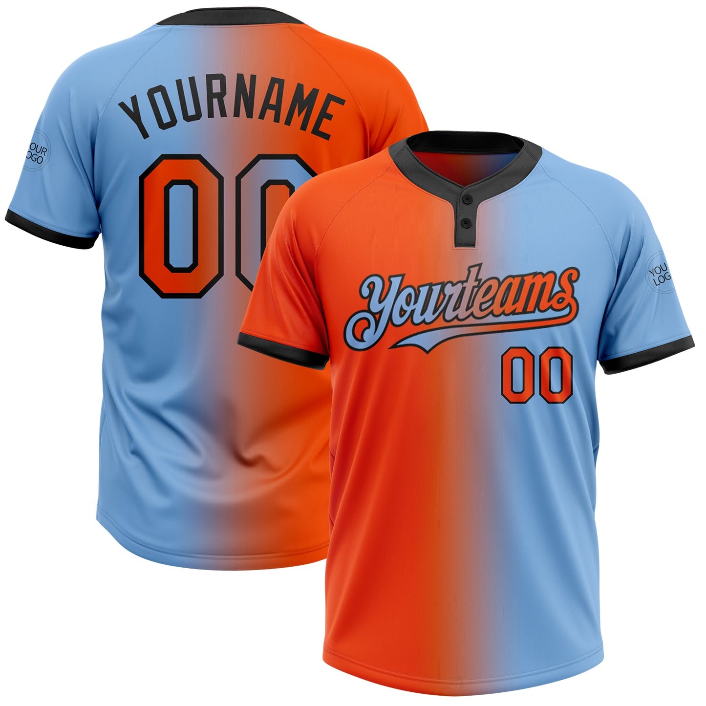 Custom Light Blue Orange-Black Gradient Fashion Two-Button Unisex Softball Jersey - Main View