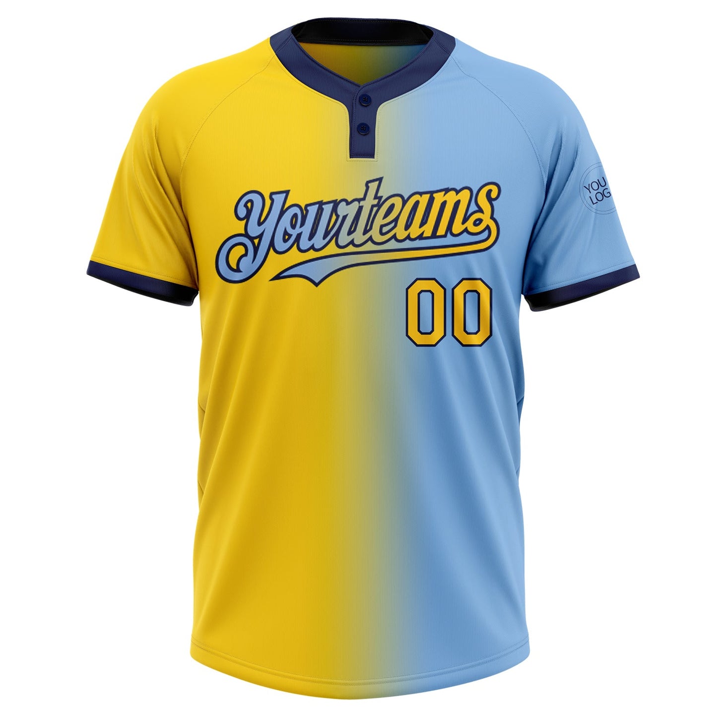 Custom Light Blue Yellow-Navy Gradient Fashion Two-Button Unisex Softball Jersey view 2