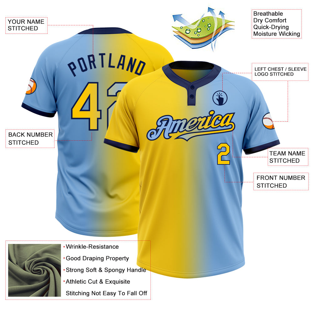 Custom Light Blue Yellow-Navy Gradient Fashion Two-Button Unisex Softball Jersey view 3
